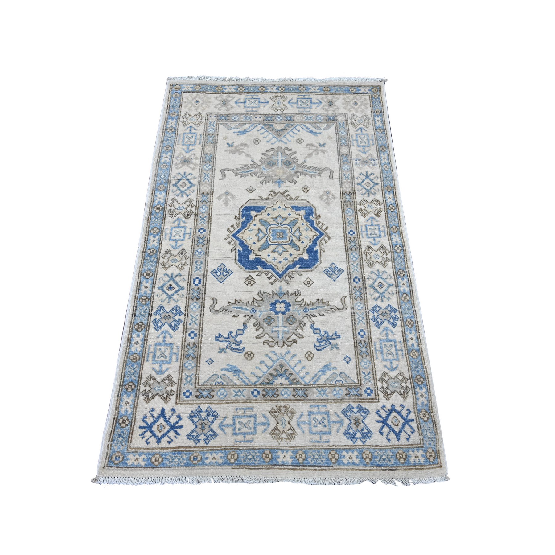 2'10"x4'8" Alabaster White, Vintage Look Kazak with Geometric Medallion, Hand Knotted, 100% Wool, Natural Dyes, Oriental Rug 